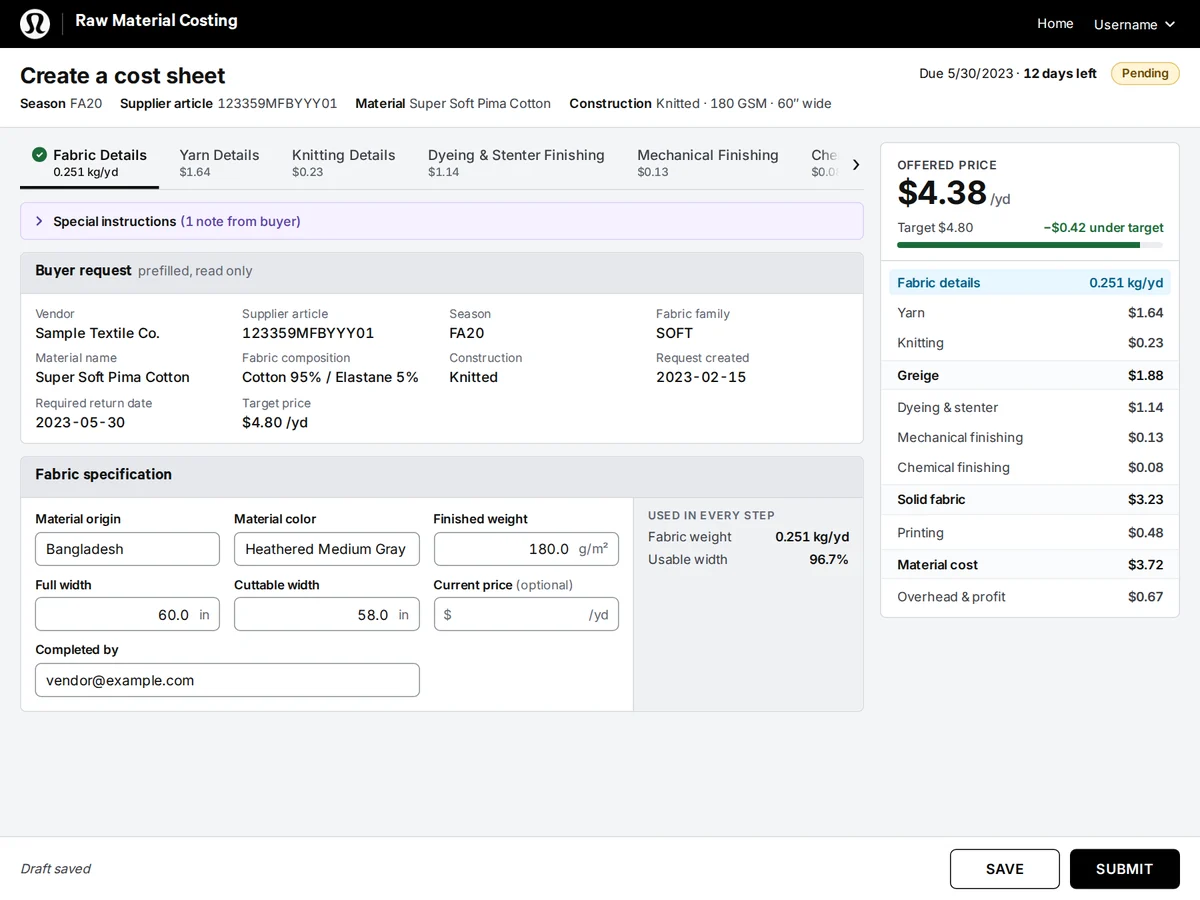 The same costing work in Canvas: the Create a cost sheet screen with eight step tabs showing a cost per step, the buyer request, labeled specification fields, a live offered price compared with the target, a cost breakdown, and Save and Submit buttons.