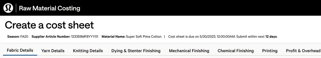 Header of an internal Canvas screen: the Raw Material Costing title bar, the Create a cost sheet heading, and tabbed sections.