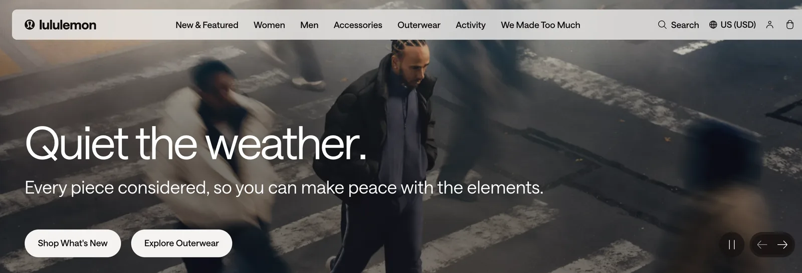 lululemon.com homepage built with DAISY: the main navigation and a fall outerwear campaign with the headline Quiet the weather.