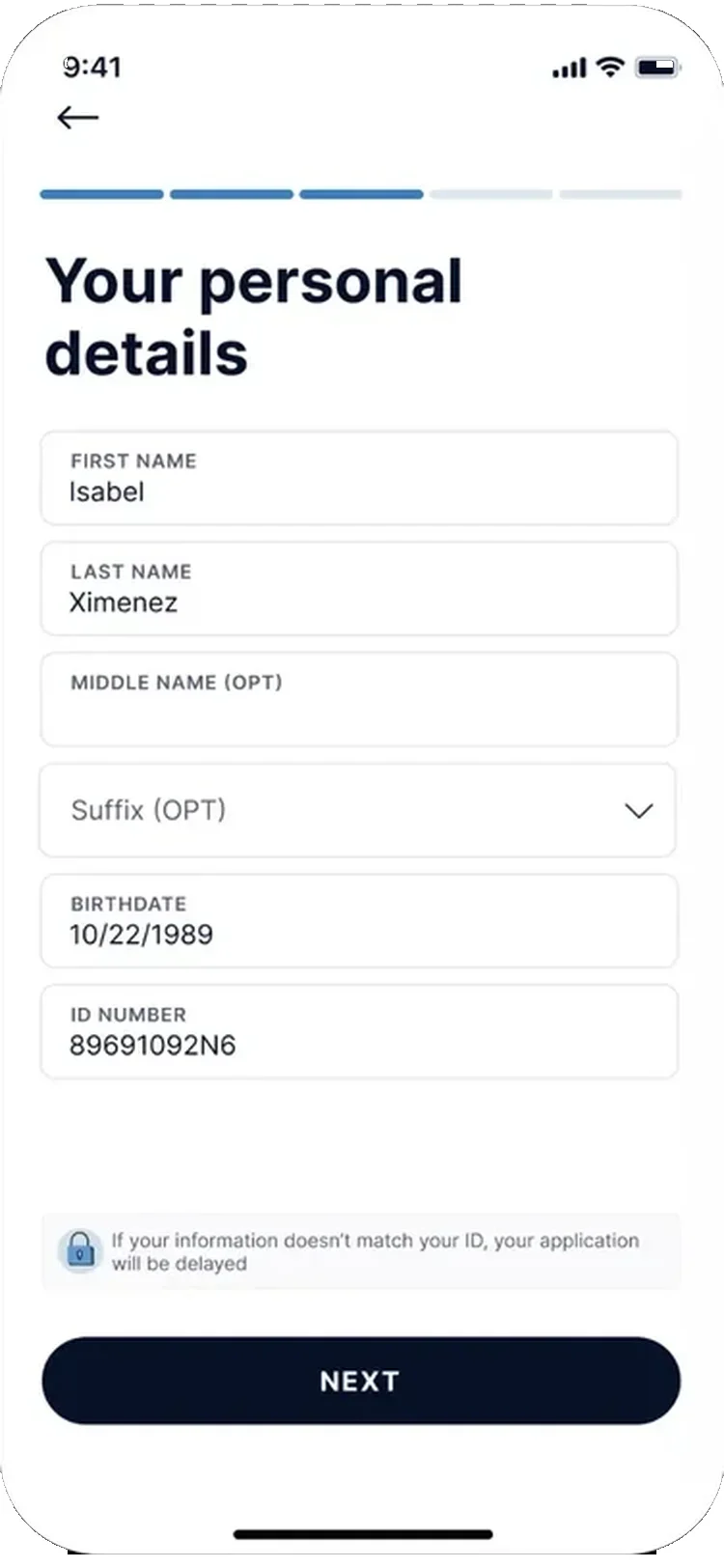 Personal details screen: a progress bar at the top, labeled fields for name, birthdate, and ID number, optional fields marked, a note about matching ID, and a Next button.