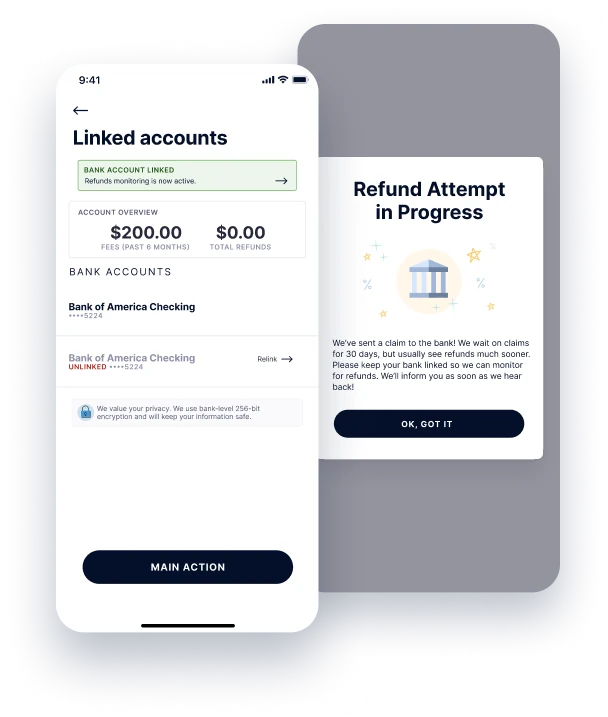 Product panel: a Linked accounts screen with a bank-linked confirmation, an account overview, and bank accounts, beside a Refund attempt in progress dialog.