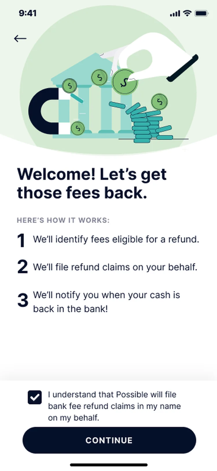 Welcome, let’s get those fees back: three numbered steps explaining how it works, a consent checkbox, and a Continue button.